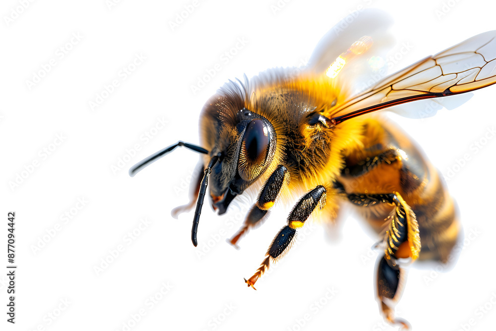 High-Resolution Macro Shot of a Honeybee in Flight on White Background. High-Resolution Macro Shot of a Honeybee in Flight on White Background.