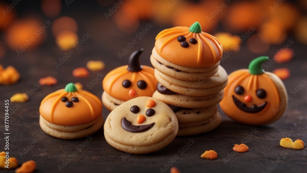 Festive Halloween cookies featuring pumpkins and ghostly faces. Festive Halloween cookies featuring pumpkins and ghostly faces.