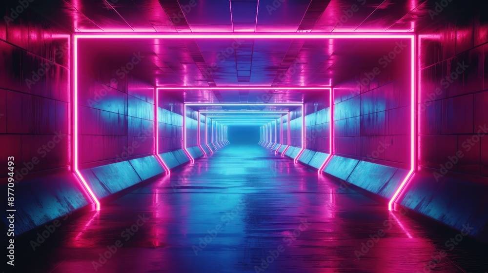 Fototapeta premium futuristic neon-lit tunnel with reflective surfaces creating an abstract, best-seller background ideal for modern and sci-fi themes