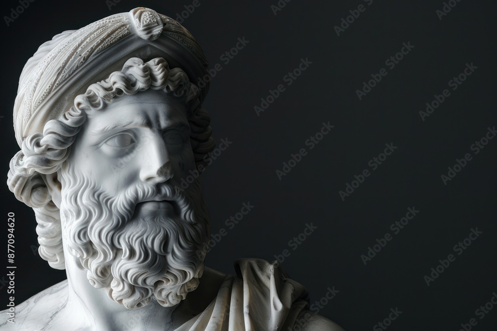 Obraz premium Marble masterpiece of a Greek god statue on a black background for copy space