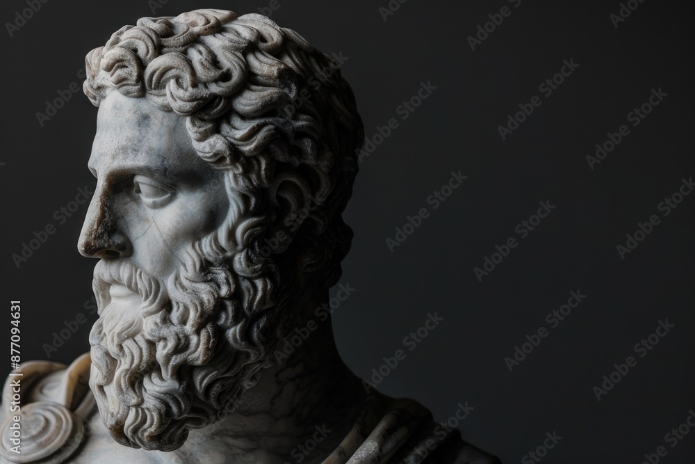 Marble masterpiece of a Greek god statue on a black background for copy space Marble masterpiece of a Greek god statue on a black background for copy space