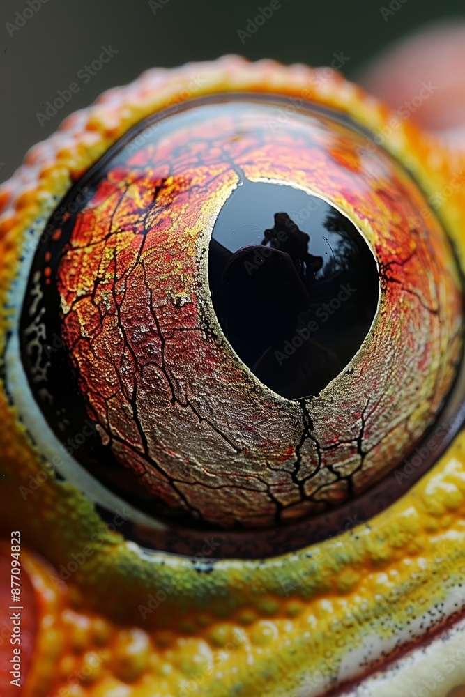 Obraz premium A tight shot of a lizard's eye, mirroring a human face within its depths