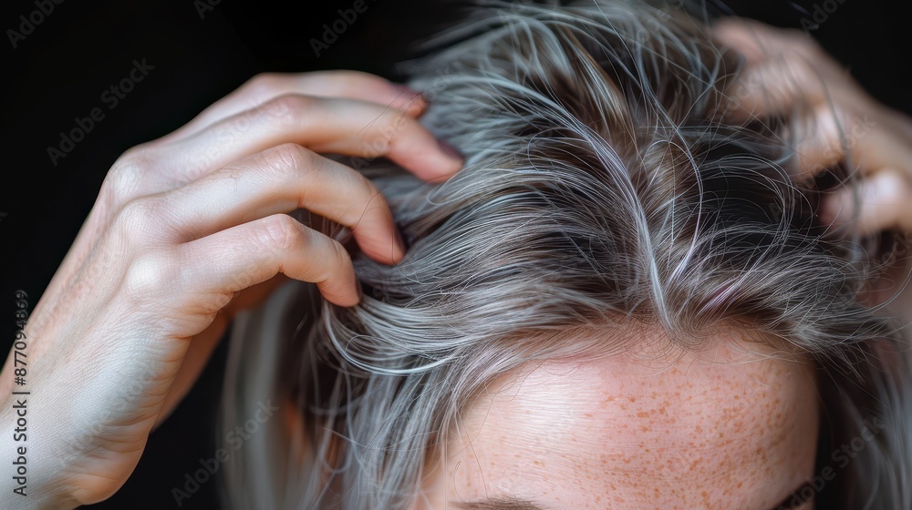 Image of hands touching silver-grey hair with a focus on the freckled forehead, showcasing the details in the hair texture and natural appearance of the scalp. Image of hands touching silver-grey hair with a focus on the freckled forehead, showcasing the details in the hair texture and natural appearance of the scalp.