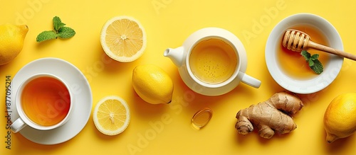 Flat lay composition featuring a cup of tea, teapot, lemon, ginger, mint, honey, and a dipper arranged on a yellow background with space for adding text or images. photo