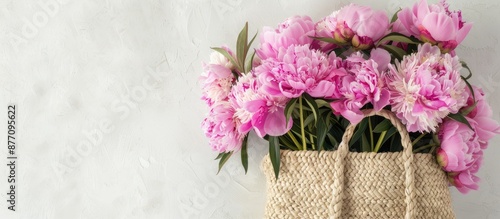 Fresh pink peonies in full bloom displayed in a straw bag on a white background with room for text. The image features blooming peonies and copy space. photo