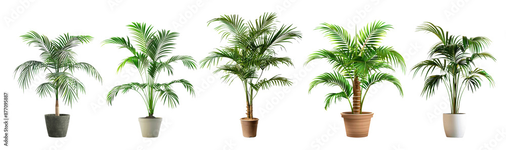 Set of potted palm trees are lined up against a white backdrop, showcasing their varied heights and pot styles Set of potted palm trees are lined up against a white backdrop, showcasing their varied heights and pot styles