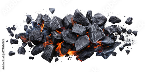 A close-up top view of glowing charcoal briquettes burning on a white background