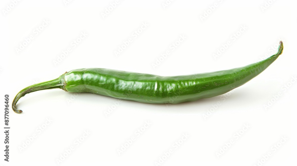 This image shows a green chili pepper isolated against a white background; the pepper's long and slender form, with a glossy, textured skin, is prominently featured. This image shows a green chili pepper isolated against a white background; the pepper's long and slender form, with a glossy, textured skin, is prominently featured.