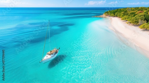 Sailboat anchored in a bay with a sandy beach, adventurous and free-spirited.