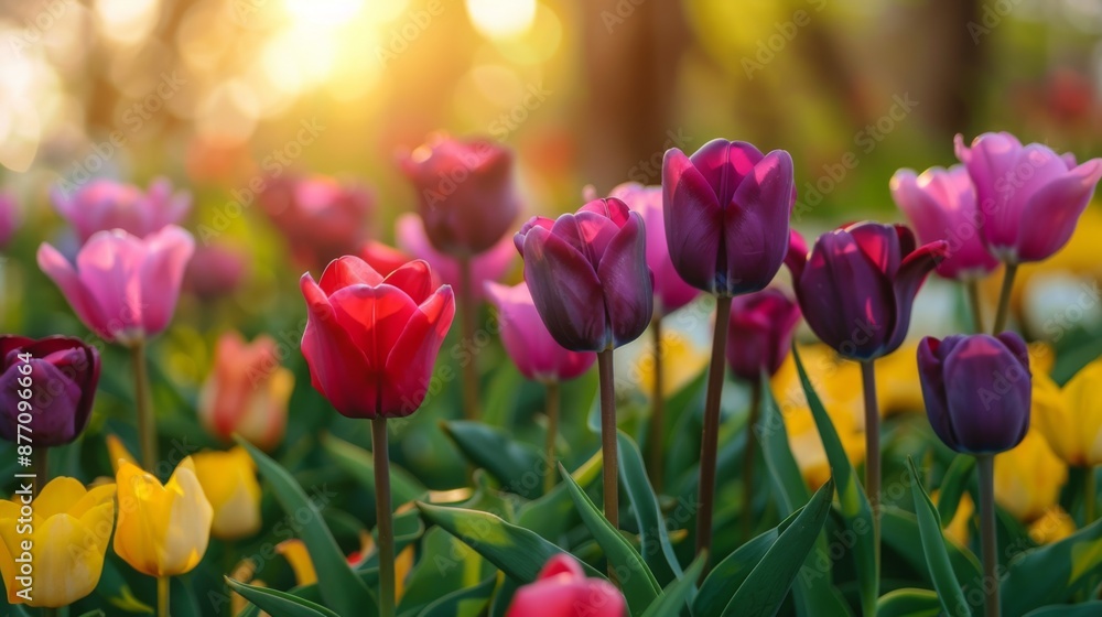 A picturesque image of a field filled with vibrant tulips in various hues such as pink, purple, and red, illuminated by warm golden sunlight, representing a serene floral scene. A picturesque image of a field filled with vibrant tulips in various hues such as pink, purple, and red, illuminated by warm golden sunlight, representing a serene floral scene.