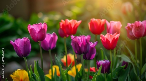 A beautifully captured scene of a garden with vibrant, multicolored tulips blooming under the warm sunlight. The tulips display various shades of pink, purple, red, and yellow. © Katarina