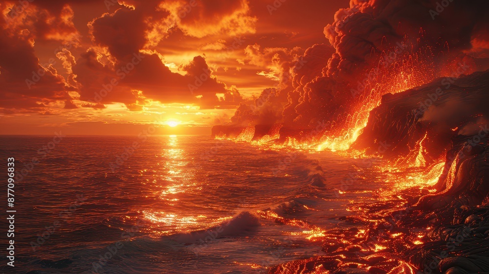 A stunning image of molten lava cascading into the ocean beneath a fiery sunset sky, capturing the intense drama and raw beauty of nature as the vibrant colors meet the dark waves. A stunning image of molten lava cascading into the ocean beneath a fiery sunset sky, capturing the intense drama and raw beauty of nature as the vibrant colors meet the dark waves.
