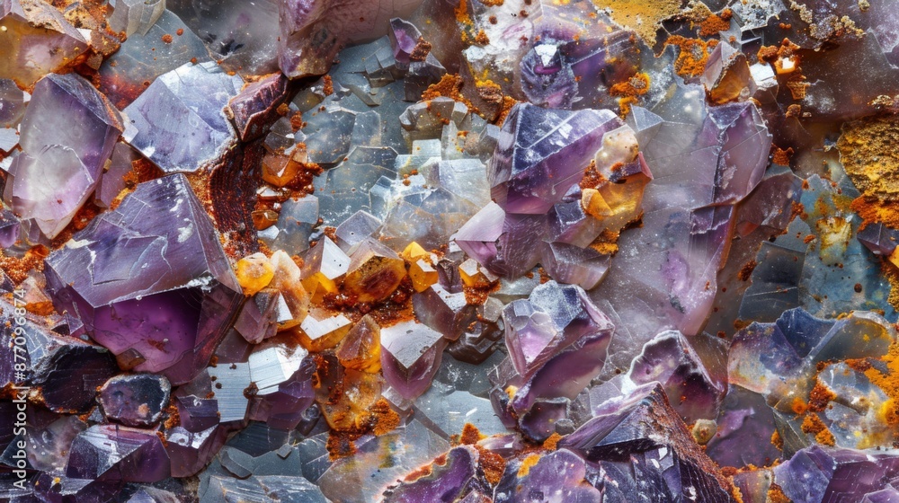 An exquisite close-up of purple crystalline formations interspersed with dynamic orange hues, creating a captivating and rich mineral landscape that attracts the eye. An exquisite close-up of purple crystalline formations interspersed with dynamic orange hues, creating a captivating and rich mineral landscape that attracts the eye.
