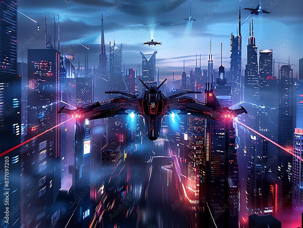 Illustrate an anime coloring book page with a futuristic cityscape, showing a young hero flying between tall skyscrapers using advanced technology. The background should be detailed with flying cars