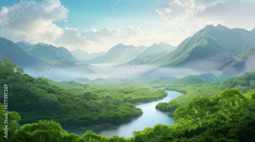 Serene mountain landscape with a river flowing through, lush greenery, realistic, 8K, UHD