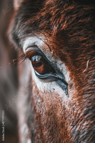  A brown and white horse's face is blurred in the background as we focus on a detailed close-up of its expressive, brown eye