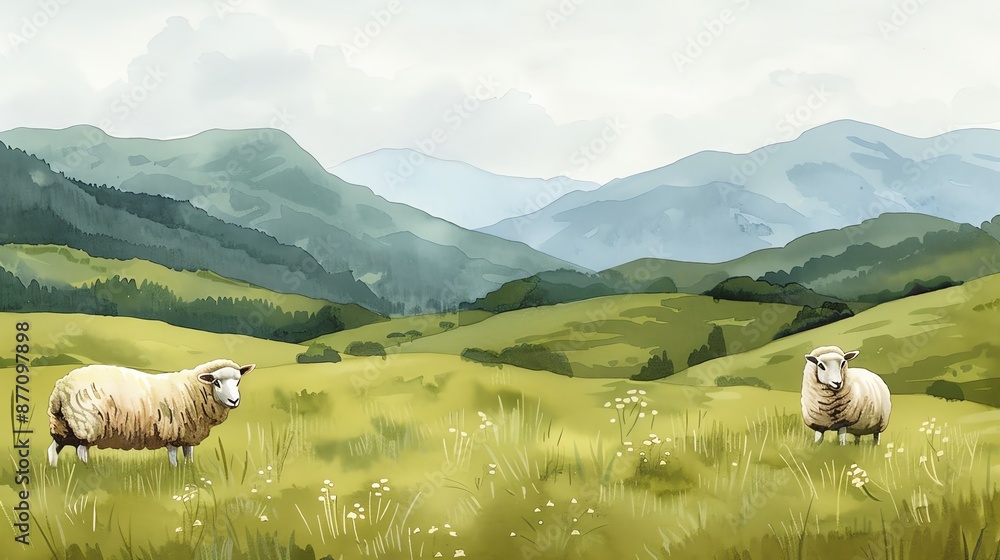 Obraz premium Peaceful valley, grazing sheep and rolling meadows, Watercolor style