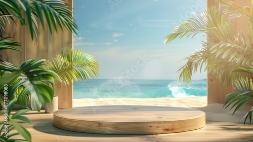 A captivating view featuring a round wooden platform with an ocean backdrop, framed by lush, green tropical foliage, golden sand, and a bright, clear sky.