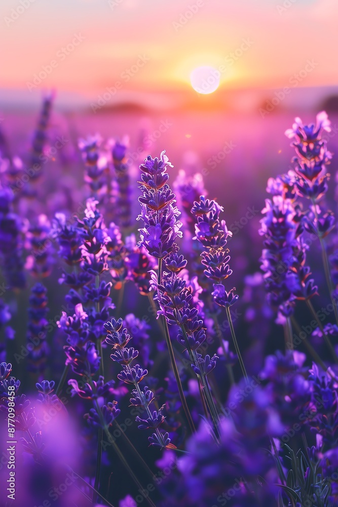 A lavender field bathed in the soft focus glow of sunset, creating a dreamy and romantic purple landscape A lavender field bathed in the soft focus glow of sunset, creating a dreamy and romantic purple landscape