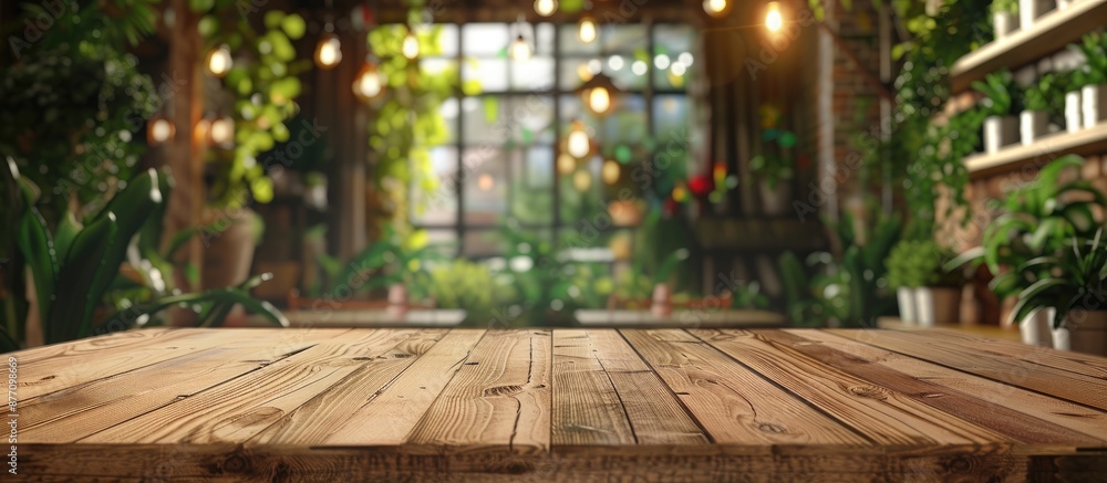 A wooden table set against a blurred cafe backdrop, suitable for showcasing products through a copy space image. A wooden table set against a blurred cafe backdrop, suitable for showcasing products through a copy space image.