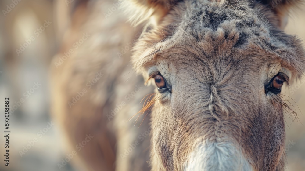 Fototapeta premium A donkey's face in tight focus with indistinct background and foreground