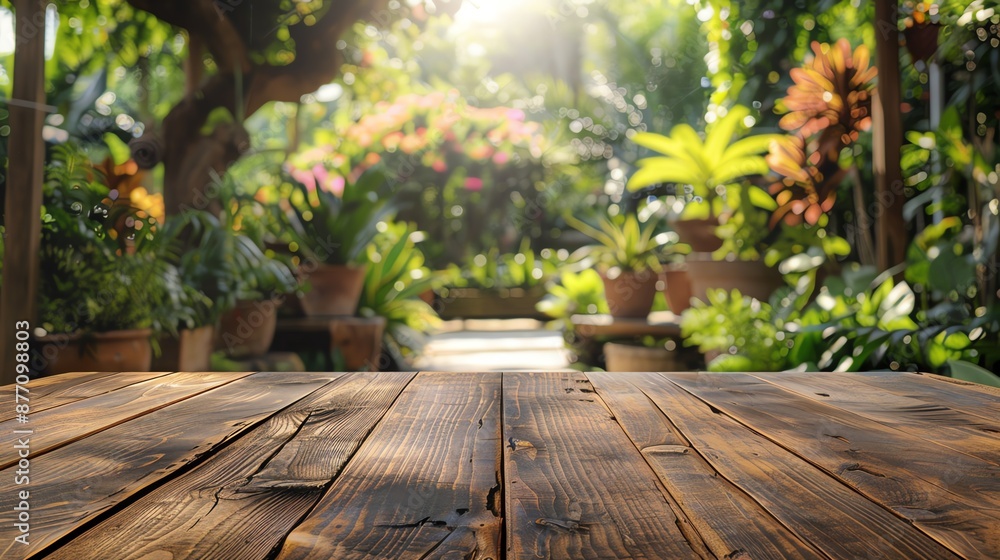 An empty wooden tabletop with a view of a lush garden backdrop, ideal for display or montage of products An empty wooden tabletop with a view of a lush garden backdrop, ideal for display or montage of products