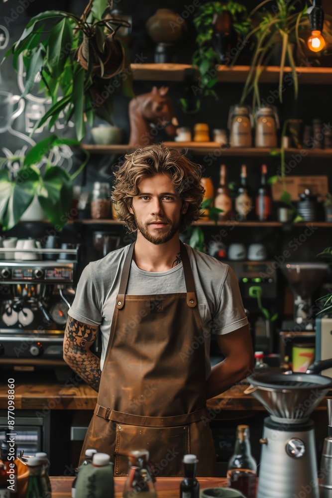 Barista in apron, cozy cafe, bottles and coffee machines Barista in apron, cozy cafe, bottles and coffee machines