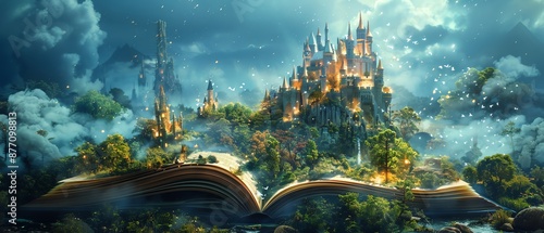 An open book unfolds a magical fantasy world with castles and mythical creatures, igniting the imagination and storytelling