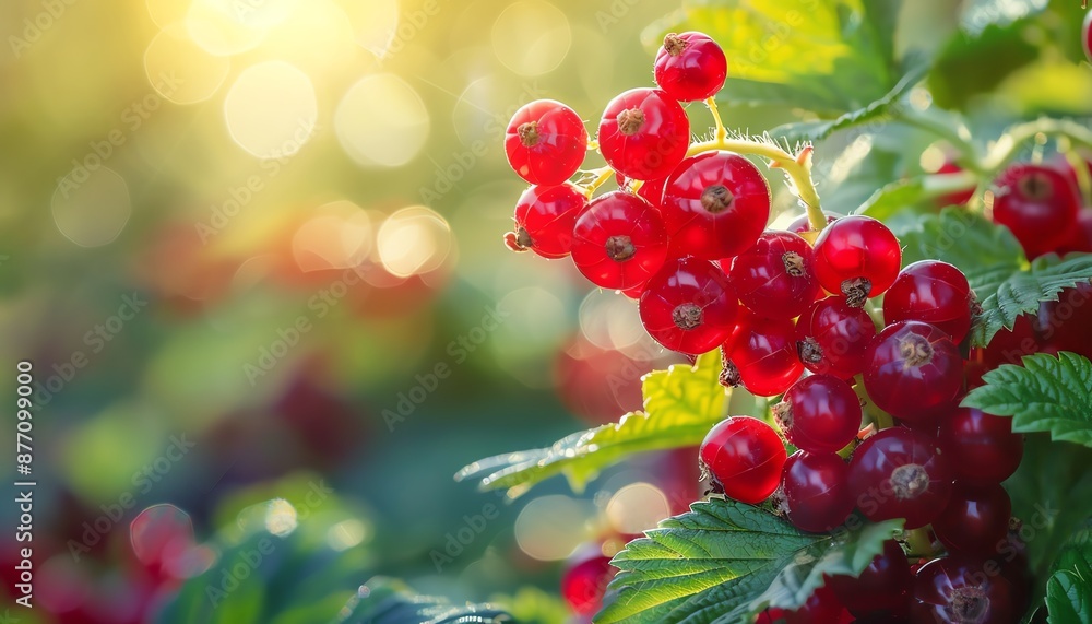 Fresh red currants with green leaves, vibrant and closeup, natural light Fresh red currants with green leaves, vibrant and closeup, natural light