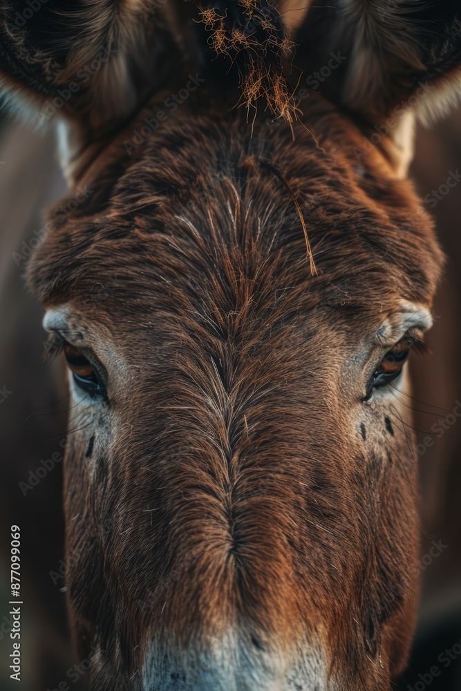 Obraz premium A tight shot of a donkey's face exhibiting a hazy expression, particularly around the eyes and nose