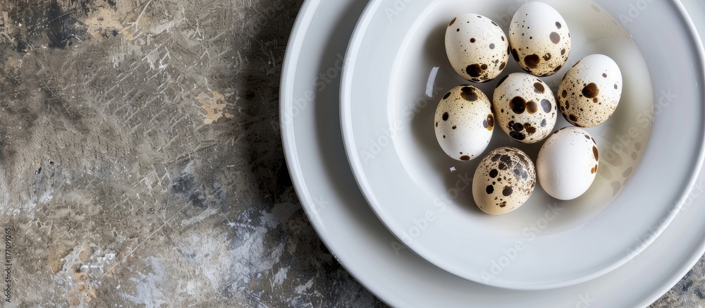 White porcelain plates presented with a display of quail eggs, ideal for showcasing with a copy space image. White porcelain plates presented with a display of quail eggs, ideal for showcasing with a copy space image.