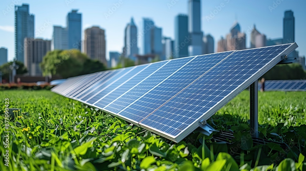 Fototapeta premium Solar panels installed on an urban rooftop garden against a cityscape, representing green energy in modern cities