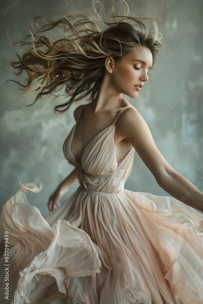 Woman in a flowing pastel dress, studio setting, soft lighting, ethereal and dreamy Woman in a flowing pastel dress, studio setting, soft lighting, ethereal and dreamy