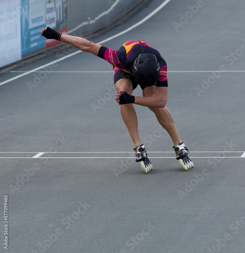 Inline Speedskating Moments Race Start and Race Track Action Starting Line and Finish Line Roller Skate Race Championship Competition Race  photo