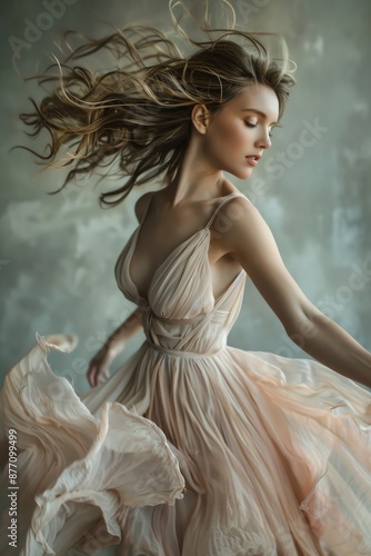 Woman in a flowing pastel dress, studio setting, soft lighting, ethereal and dreamy