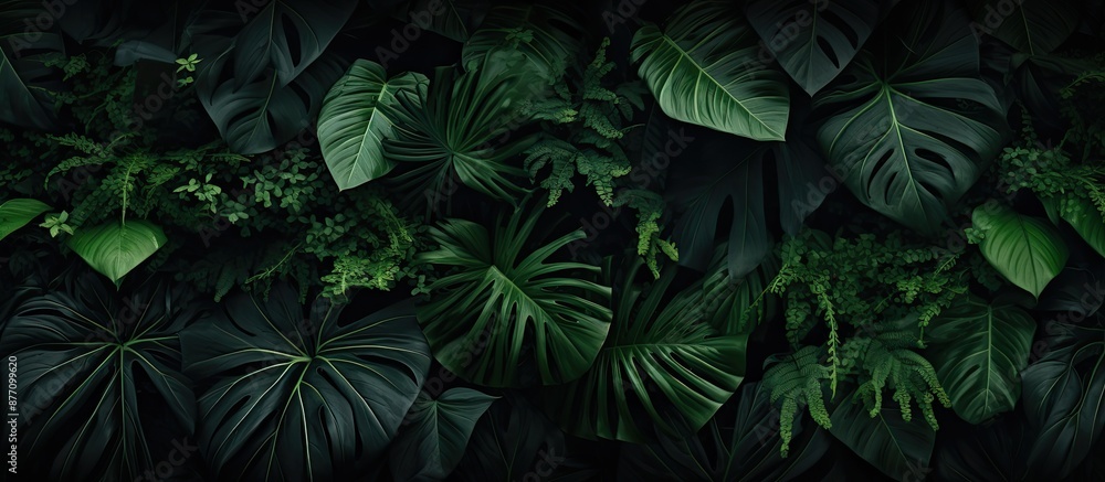Dark tropical foliage creating a nature-inspired backdrop with abundant green leaves. Ideal for text placement with a copious copy space image. Dark tropical foliage creating a nature-inspired backdrop with abundant green leaves. Ideal for text placement with a copious copy space image.