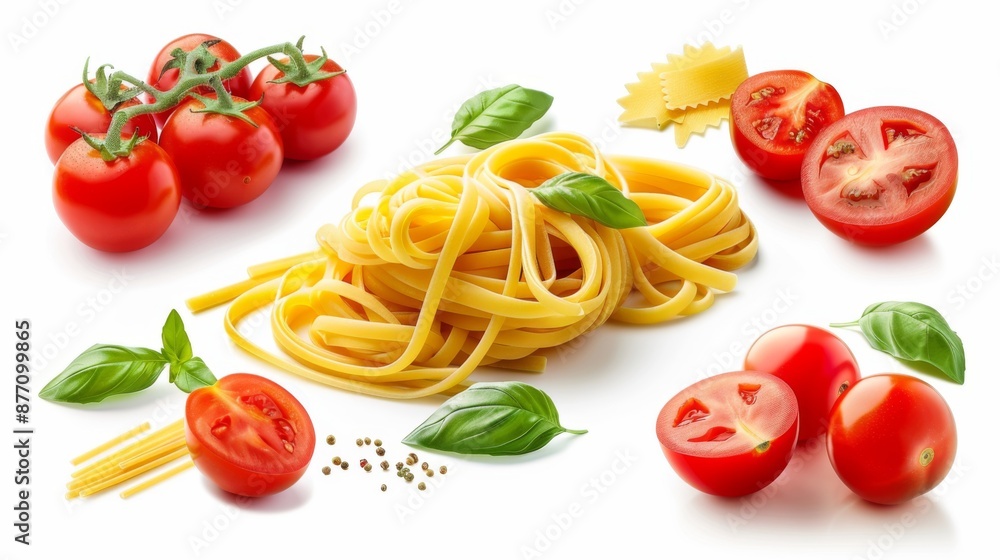 The image features vibrantly colored tomatoes alongside leafy green basil and uncooked long strand pasta, all beautifully laid out on a clean, white background. The image features vibrantly colored tomatoes alongside leafy green basil and uncooked long strand pasta, all beautifully laid out on a clean, white background.