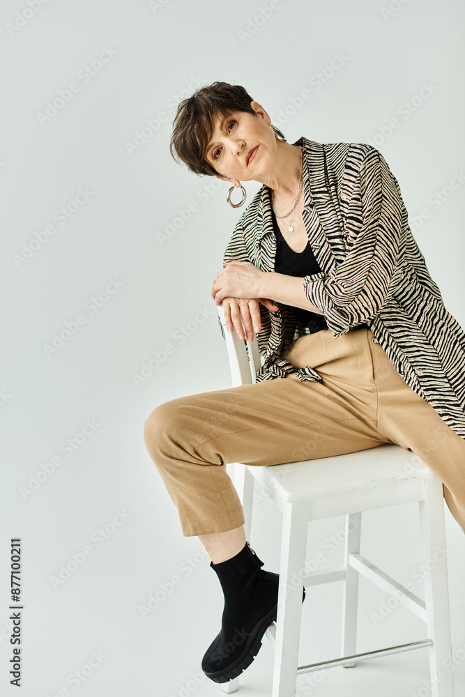 Stylish middle-aged woman with short hair exudes grace as she sits atop a white stool in a studio setting. Stylish middle-aged woman with short hair exudes grace as she sits atop a white stool in a studio setting.