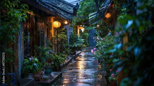 A cozy alleyway adorned with hanging lanterns amidst lush greenery, reflecting a serene night ambiance with vibrant plants and a clean, wet paved path.