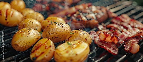 Grilled potato and bacon on a gas grill, a barbecue meal with a copy space image, displaying healthy food options. photo