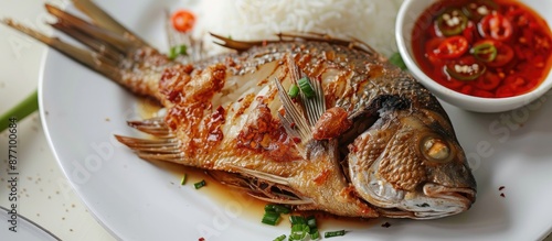 Delicious fried fish on a white plate, ideal with rice and chili sauce, with copy space image available. photo