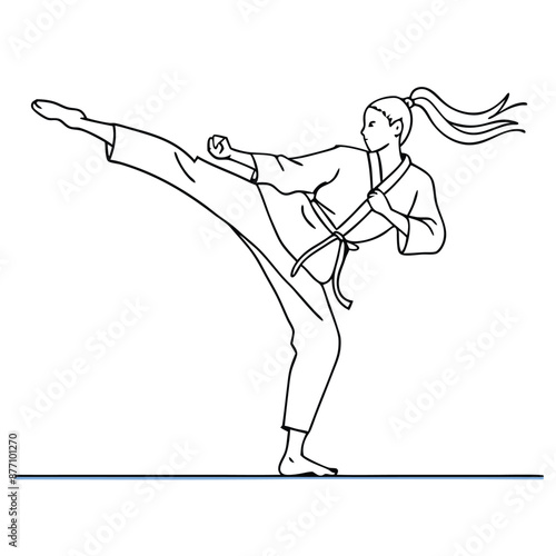 a female karateka practicing karate.  line art vector illustration isolated on a white background