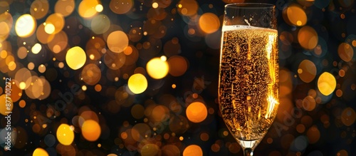 Side view of a sparkling drink in a golden backlit glass against a blurred black backdrop with soft focus, providing a copy space image. photo