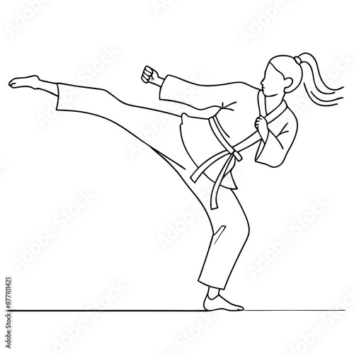 a female karateka practicing karate.  line art vector illustration isolated on a white background
