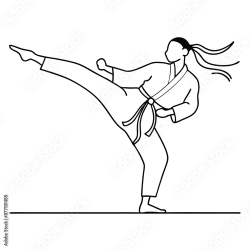 a female karateka practicing karate.  line art vector illustration isolated on a white background