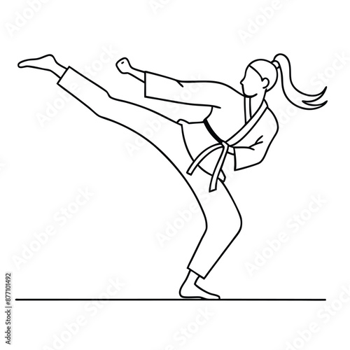 a female karateka practicing karate.  line art vector illustration isolated on a white background