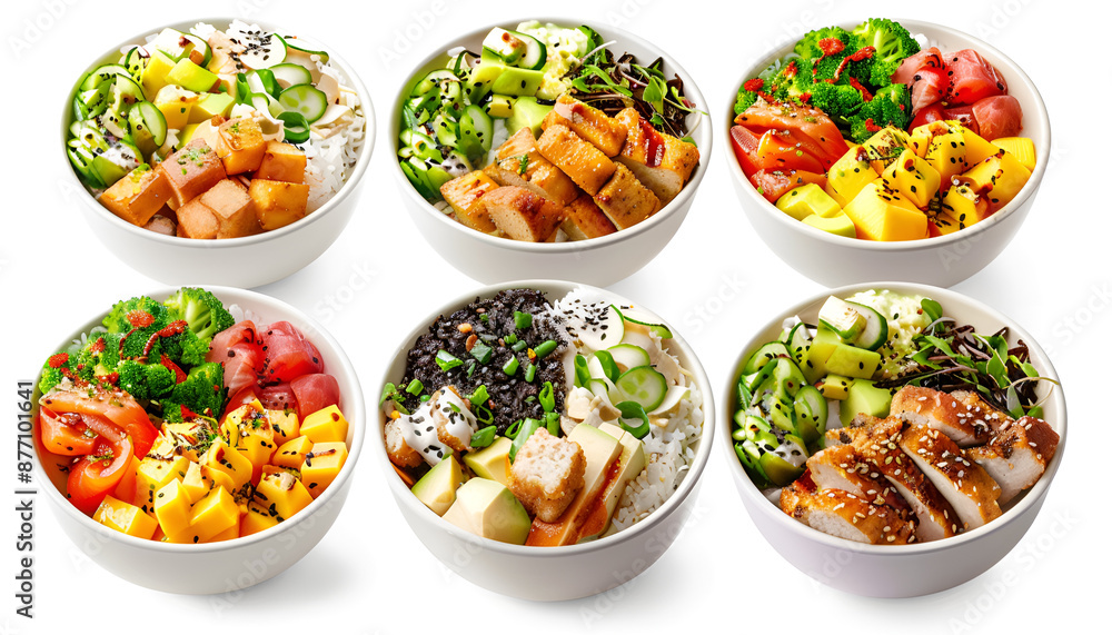 Collage of different poke bowls isolated on white Collage of different poke bowls isolated on white