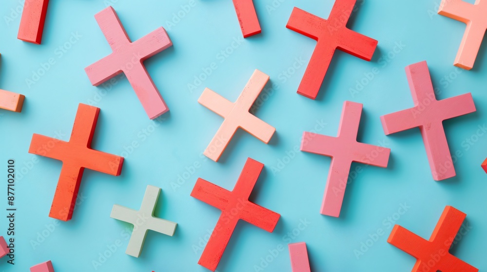 Obraz premium Bold, colorful crosses arranged in a minimalist pattern on a clean background