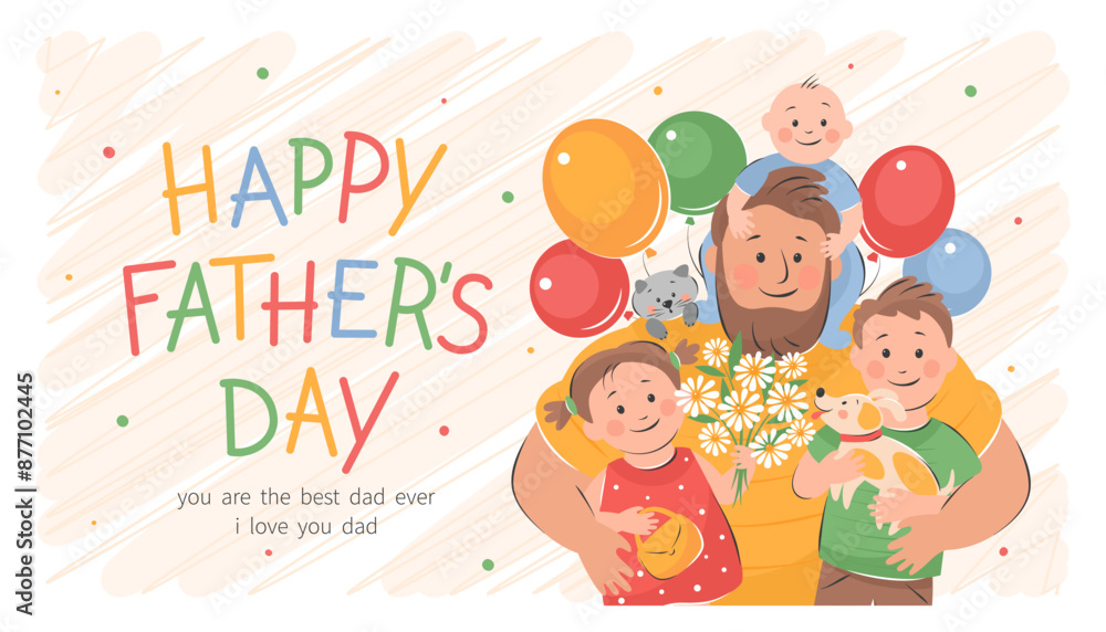 Fototapeta premium Happy Father's Day! Vector cute illustration of dad with children. Drawings Father's Day with holiday wishes for postcards, posters, banner.