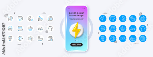 Waterproof, Wallet and Baggage line icons. Phone mockup with 3d energy icon. Pack of Dresser, T-shirt, Deckchair icon. Pillows, Shoes, Buyers pictogram. Online shopping, Bra, Change clothes. Vector
